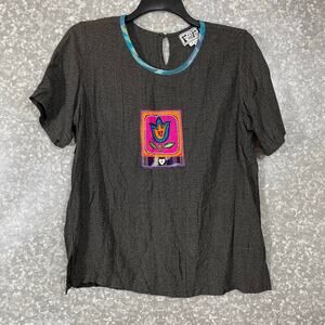 Faith Women's Vintage Lagenlook Applique Flower Black Top - Size Medium - Artsy